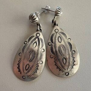 Native American Sterling Silver Dangle Hand Stamped Earrings.